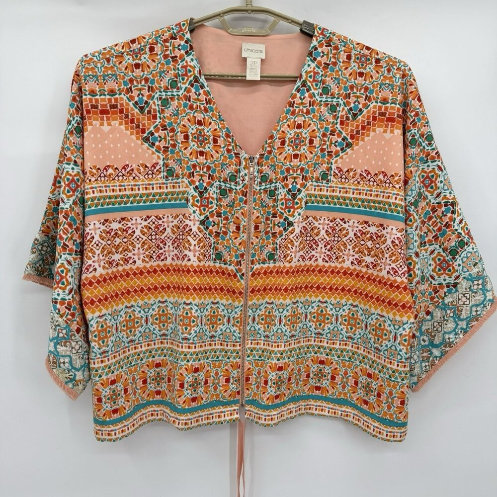 Chicos Full Zip Blouse Women's 2P (L) Peach Green Red Poly 3/4 Wide Sleeve